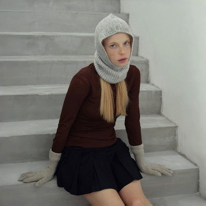 Model wearing grey Morandi Toned Knit Balaclava Hat, crafted from premium soft wool for thermal comfort.