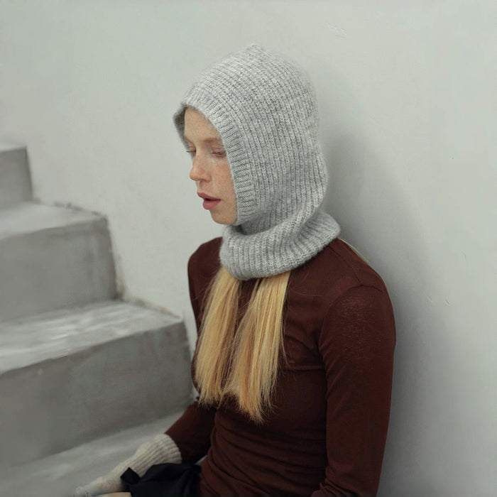 Side view of grey Morandi Toned Knit Balaclava Hat, showcasing the elegant Morandi palette in a cozy knit.