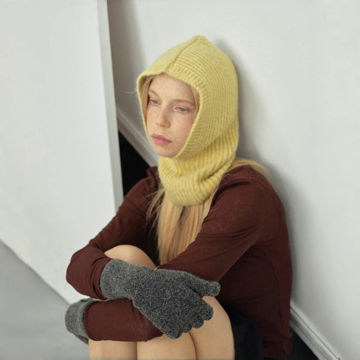 Side view of cream yellow Morandi Toned Knit Balaclava Hat, highlighting soothing tones for cold weather.