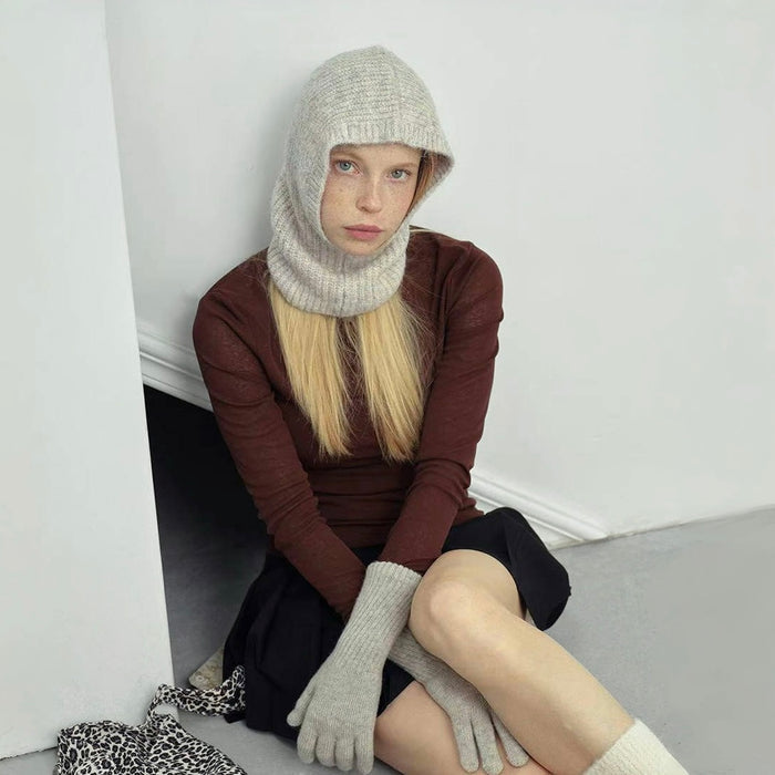 Model wearing Morandi Toned Knit Balaclava Hat, showcasing artisanal wool construction for winter warmth.