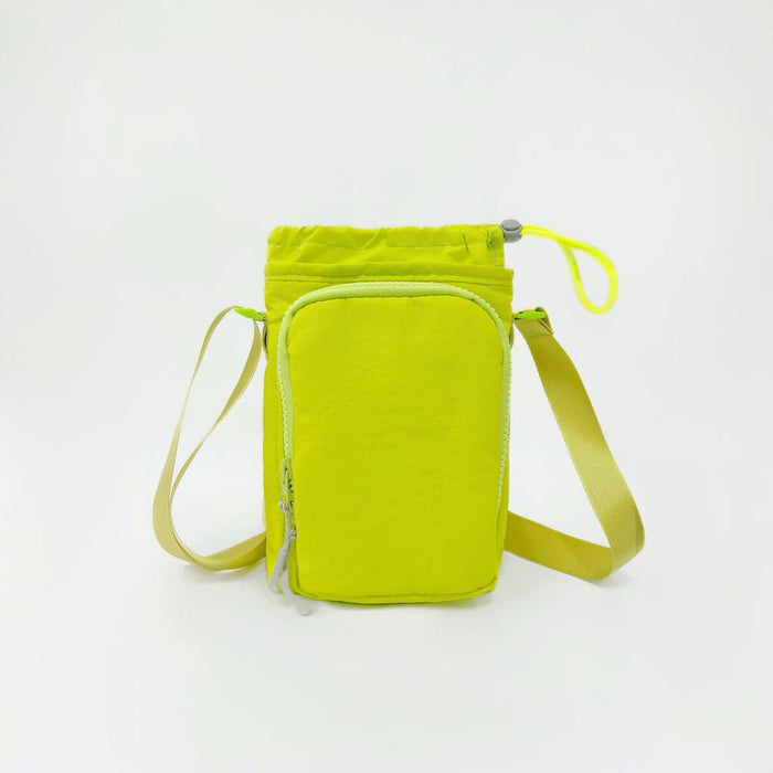 A vibrant neon yellow multi-use bottle bag with a front zip pocket and drawstring closure.