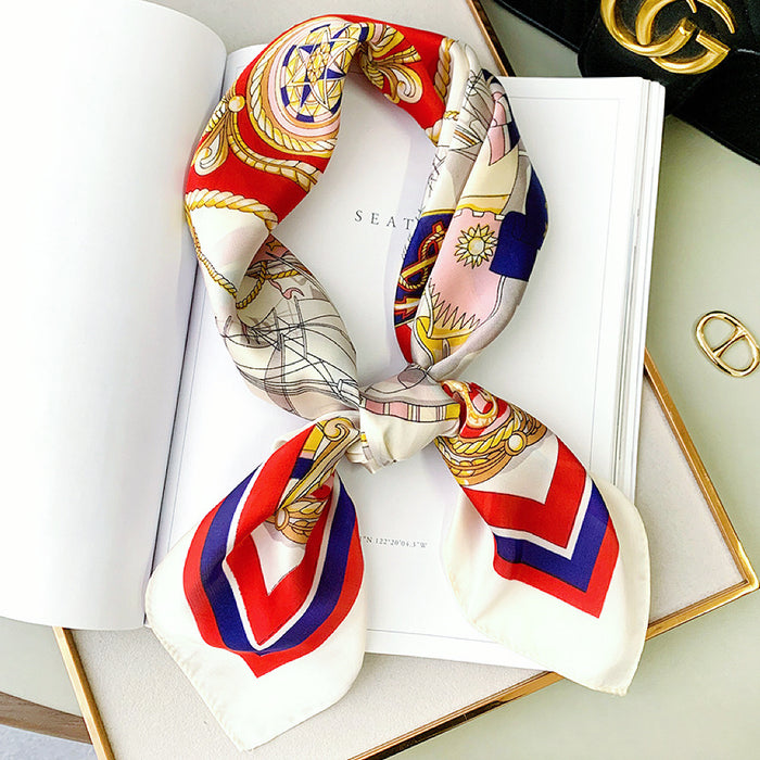 Front view of Nautical Chart Satin Square Scarf in navy and red, ideal for everyday styling and weekend outings.