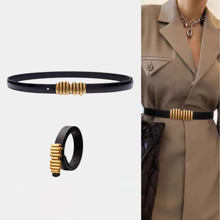 Black PU leather lady's belt with a unique gold bar buckle, styled on a mannequin.