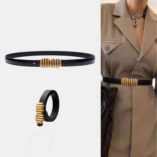 Black PU leather lady's belt with a unique gold bar buckle, styled on a mannequin.