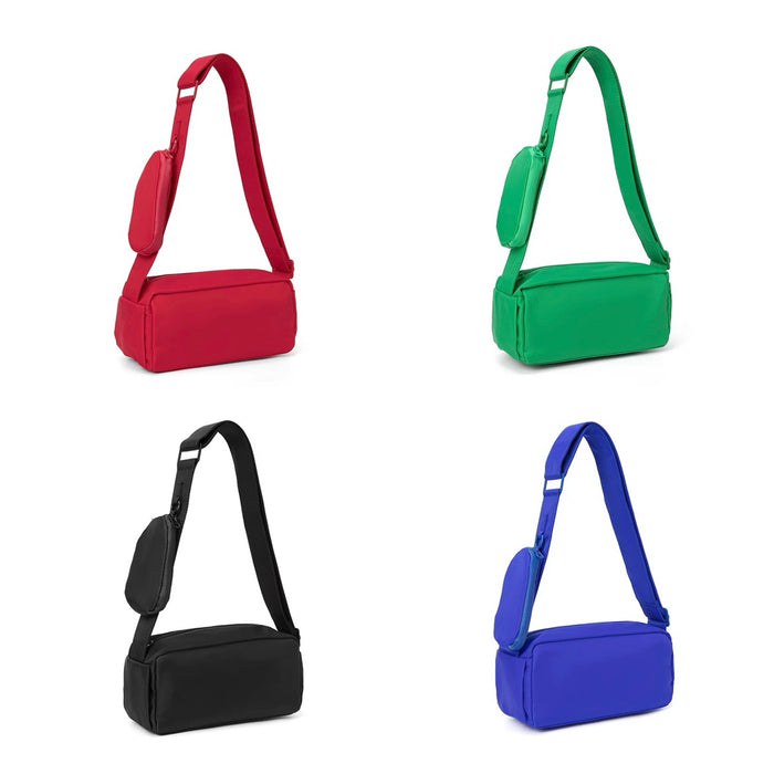Front view of Four nylon brick cassette crossbody bags in red, green, black, and blue, each with an adjustable strap.