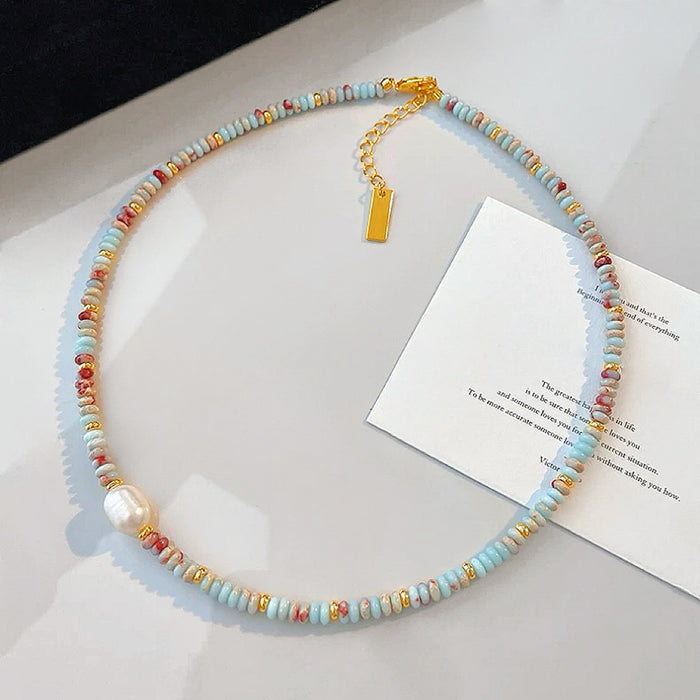Front view of Ocean Breeze Necklace with Aqua Beads, great for everyday outfits.
