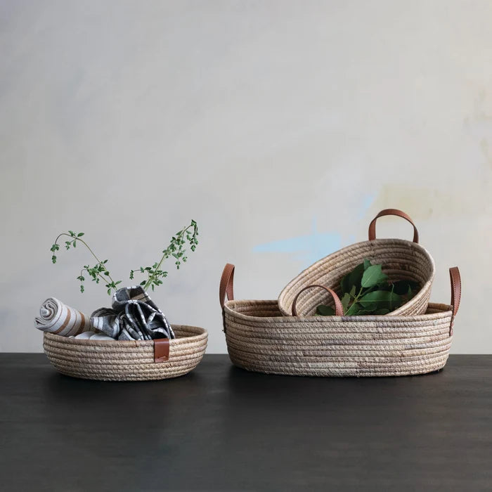 Oval Leather Handle Basket - Madison's Niche