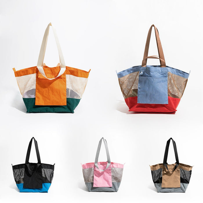 Group shot of double-sided tote bags in various color ，including orange, blue, red, green, pink, khaki, grey and black.