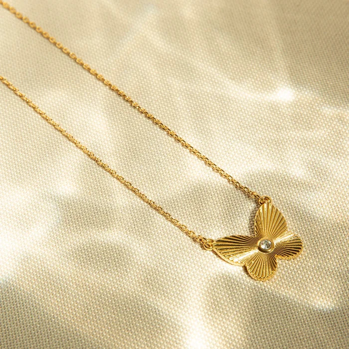 Pave Etched Butterfly Necklace in Gold - Madison's Niche