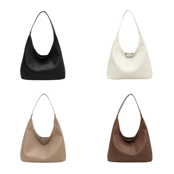 Group display of the pebble texture shoulder bag in black, white, khaki, and brown.