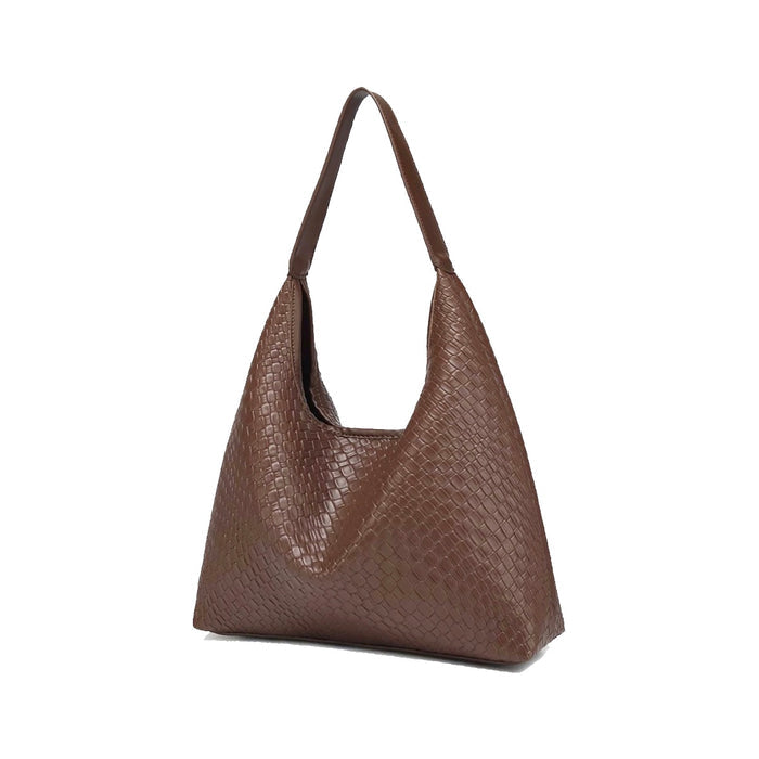 Front view of the deep brown pebble-textured shoulder bag.