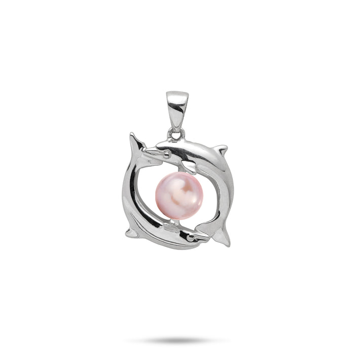 19mm Pick A Pearl Circling Dolphins Pendant in Sterling Silver with a Lavender Pearl on a white background
