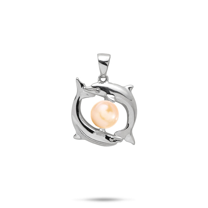 19mm Pick A Pearl Circling Dolphins Pendant in Sterling Silver with a Peach Pearl on a white background