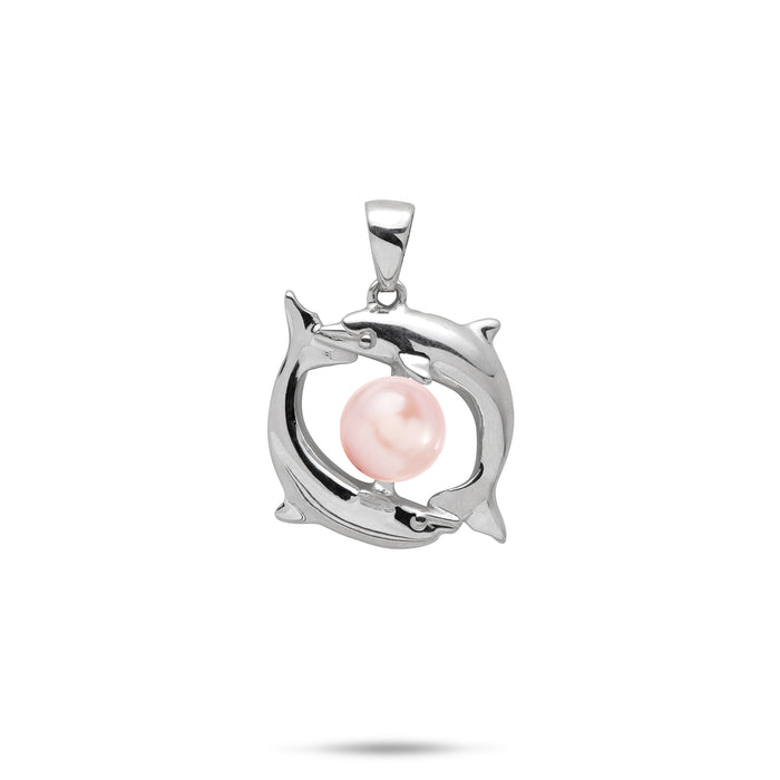 19mm Pick A Pearl Circling Dolphins Pendant in Sterling Silver with a Pink Pearl on a white background