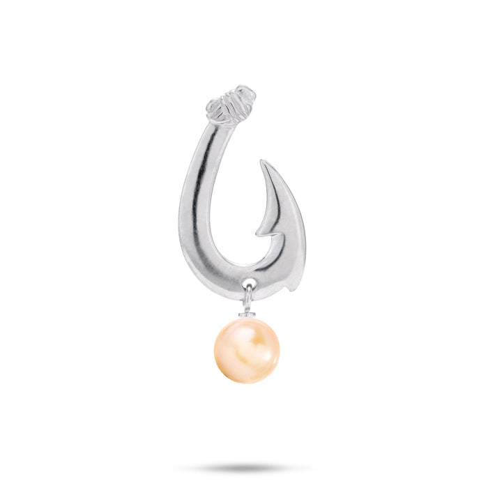 24mm Pick A Pearl Fish Hook Pendant in Sterling Silver with a Peach Pearl on a white background