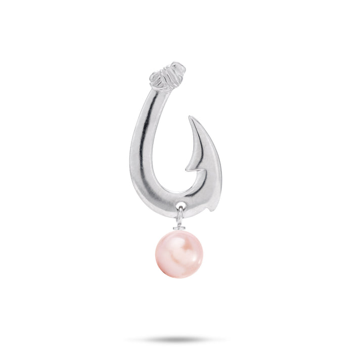 24mm Pick A Pearl Fish Hook Pendant in Sterling Silver with a Pink Pearl on a white background