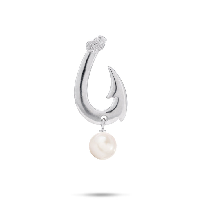 24mm Pick A Pearl Fish Hook Pendant in Sterling Silver with a White Pearl on a white background
