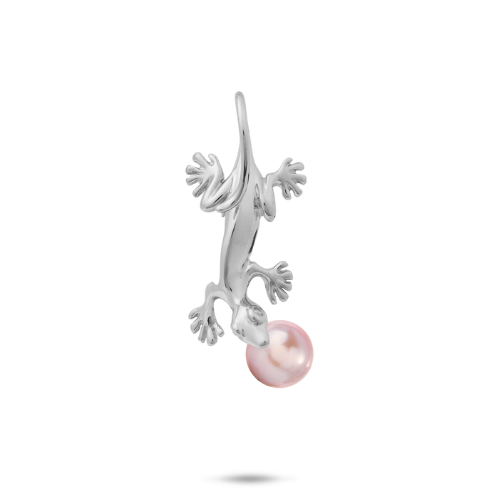 28mm Pick A Pearl Gecko Pendant in Sterling Silver with a Lavender Pearl on a white background