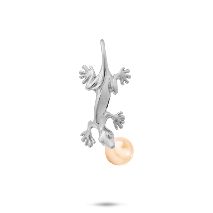 28mm Pick A Pearl Gecko Pendant in Sterling Silver with a Peach Pearl on a white background
