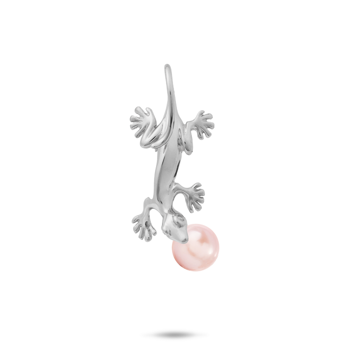 28mm Pick A Pearl Gecko Pendant in Sterling Silver with a Pink Pearl on a white background