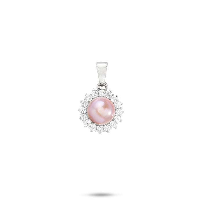 Cubic Zirconia Halo Pink Freshwater Pearl Pendant in Sterling Silver with High-polish bail on a white background