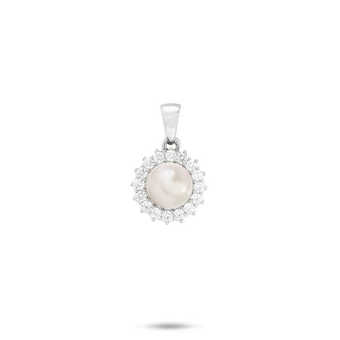 Cubic Zirconia Halo White Freshwater Pearl Pendant in Sterling Silver with High-polish bail on a white background