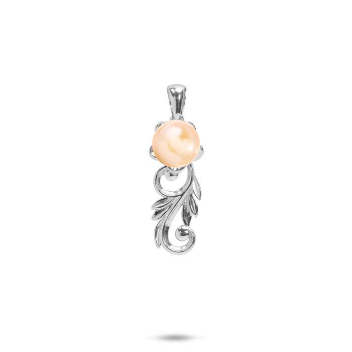25mm Pick A Pearl Hawaiian Heirloom Plumeria Pendant in Sterling Silver with a Peach Pearl against white