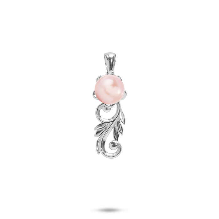 25mm Pick A Pearl Hawaiian Heirloom Plumeria Pendant in Sterling Silver with a Pink Pearl against white