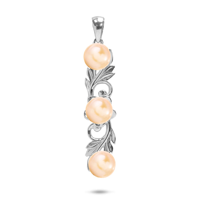 33mm Pick A Pearl Hawaiian Heirloom Plumeria Pendant in Sterling Silver with Three Peach Pearls against white