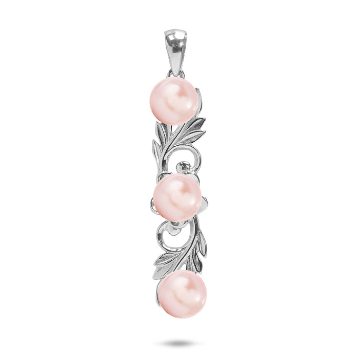 33mm Pick A Pearl Hawaiian Heirloom Plumeria Pendant in Sterling Silver with Three Pink Pearls against white