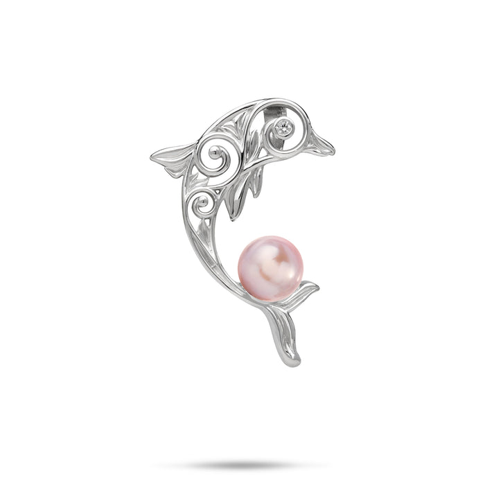 28mm Pick A Pearl Living Heirloom Dolphin Pendant in Sterling Silver with CZ and Lavender Pearl against white