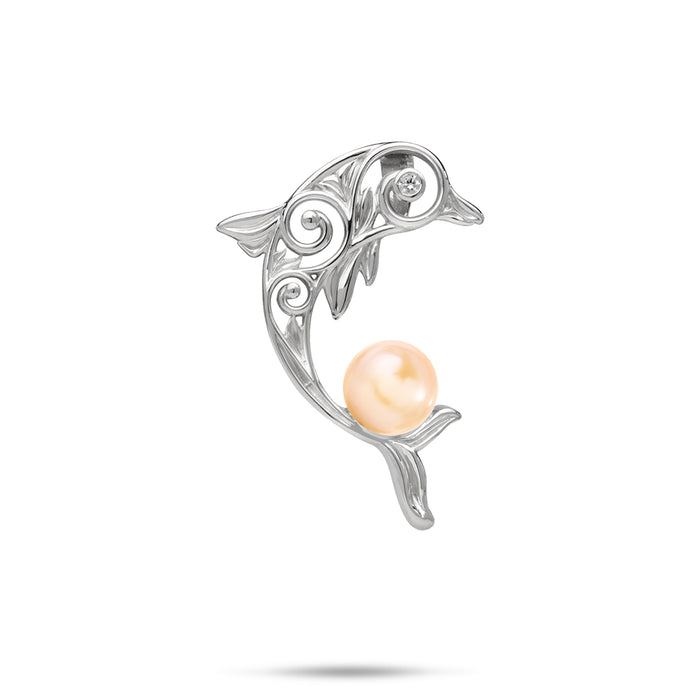 28mm Pick A Pearl Living Heirloom Dolphin Pendant in Sterling Silver with CZ and Peach Pearl against white