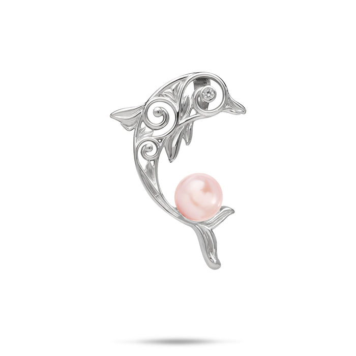 28mm Pick A Pearl Living Heirloom Dolphin Pendant in Sterling Silver with CZ and Pink Pearl against white