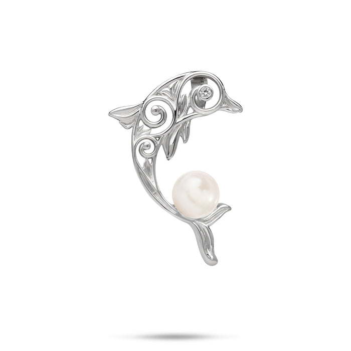 28mm Pick A Pearl Living Heirloom Dolphin Pendant in Sterling Silver with CZ and White Pearl against white