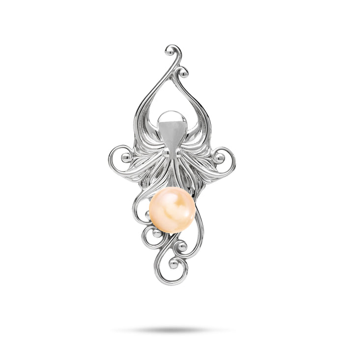 36mm Pick A Pearl Living Heirloom Octopus Pendant in Sterling Silver with a Peach Pearl on a white background
