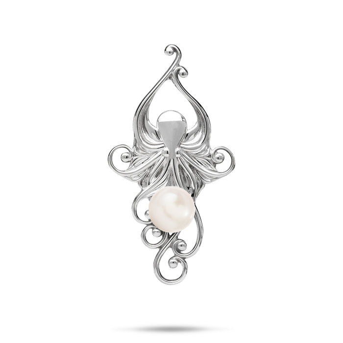 36mm Pick A Pearl Living Heirloom Octopus Pendant in Sterling Silver with a White Pearl on a white background