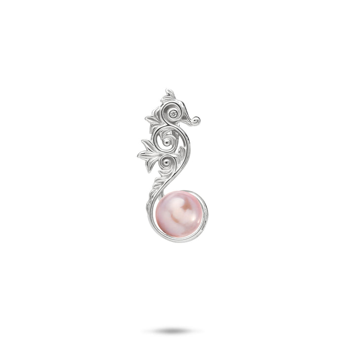 24mm Pick A Pearl Living Heirloom Seahorse Pendant in Sterling Silver with CZ and Lavender Pearl against white