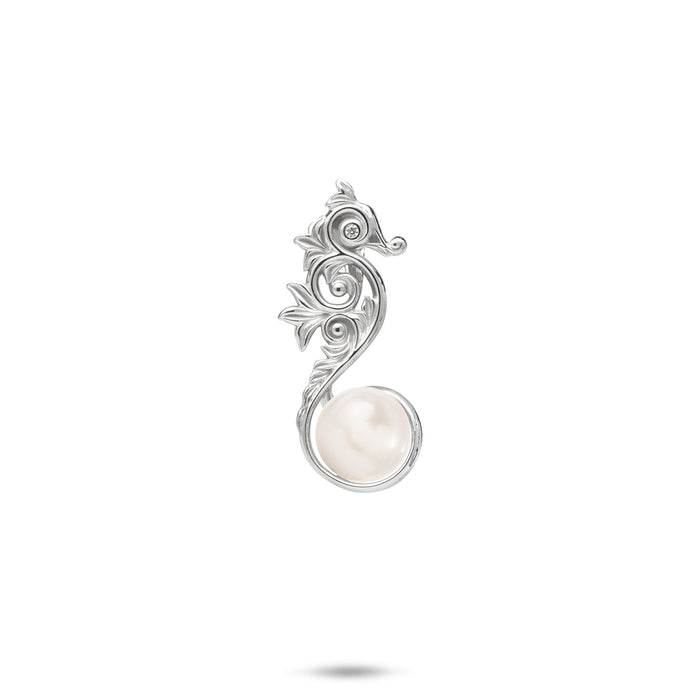 24mm Pick A Pearl Living Heirloom Seahorse Pendant in Sterling Silver with CZ and White Pearl against white