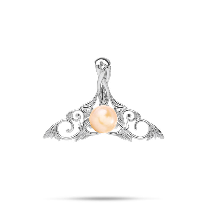 21mm Pick A Pearl Living Heirloom Whale Tail Pendant in Sterling Silver with a Peach Pearl on a white background