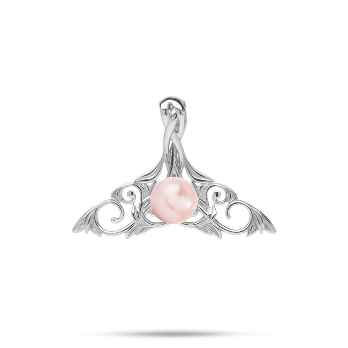 21mm Pick A Pearl Living Heirloom Whale Tail Pendant in Sterling Silver with a Pink Pearl on a white background