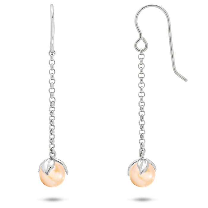 A pair of sterling silver shepherd hook earrings, short chain leading to Maile leaves holding Freshwater Peach Pearls on a white background