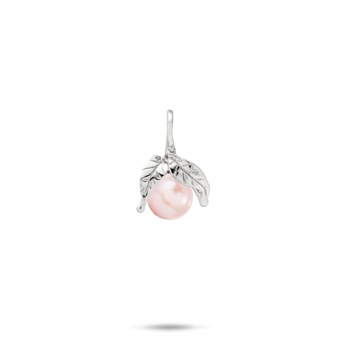 Sterling silver Pendant featuring a single round pink freshwater pearl nestled between two detailed silver maile leaves, shown against a plain white background.