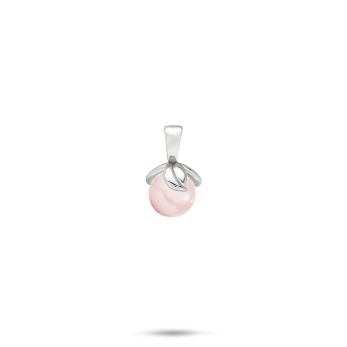 A Sterling Silver pendant featuring a single round, pink freshwater pearl wrapped in swirling silver maile leaves, shown against a plain white background