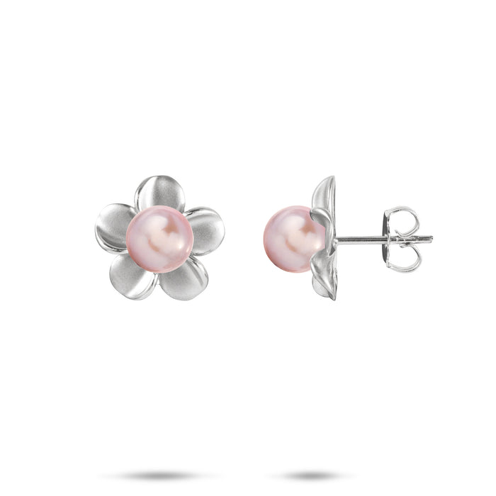13mm Pick A Pearl Plumeria Earrings in Sterling Silver with Lavender Pearls on a white background
