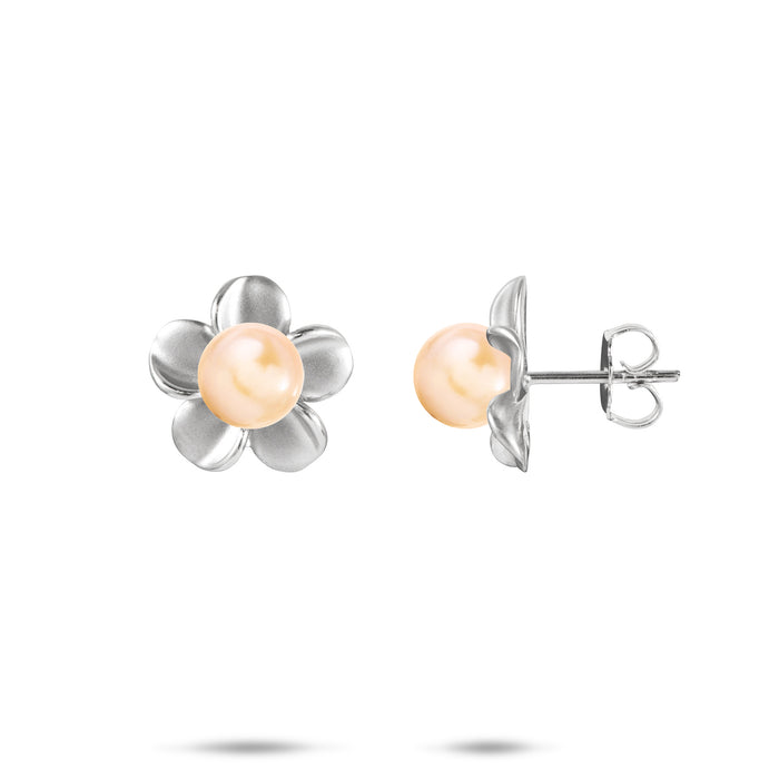 13mm Pick A Pearl Plumeria Earrings in Sterling Silver with Peach Pearls on a white background