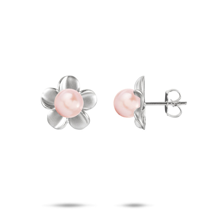 13mm Pick A Pearl Plumeria Earrings in Sterling Silver with Pink Pearls on a white background