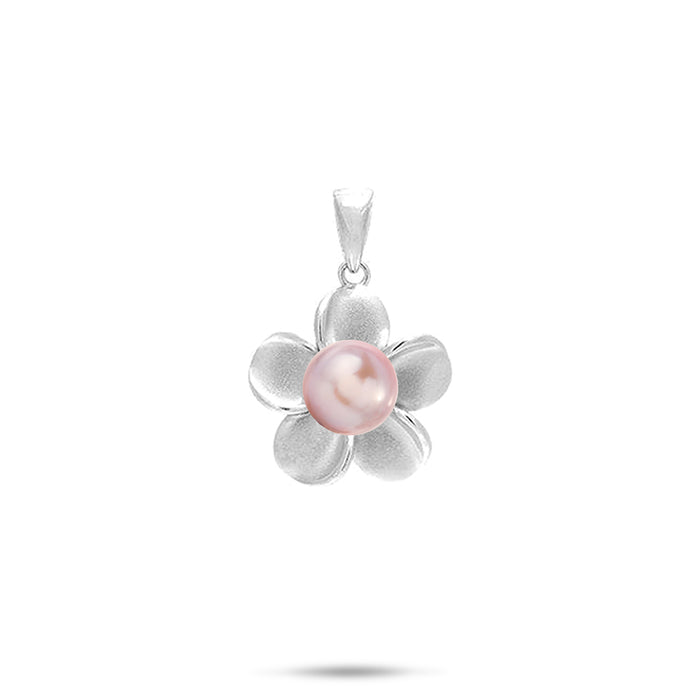 15mm Pick A Pearl Plumeria Pendant in Sterling Silver and a Lavender Pearl on a white background