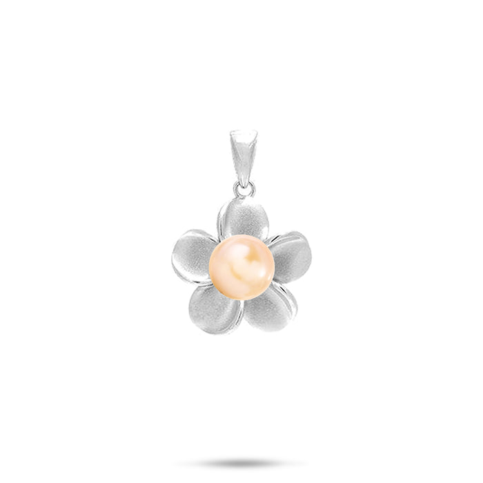 15mm Pick A Pearl Plumeria Pendant in Sterling Silver and a Peach Pearl on a white background