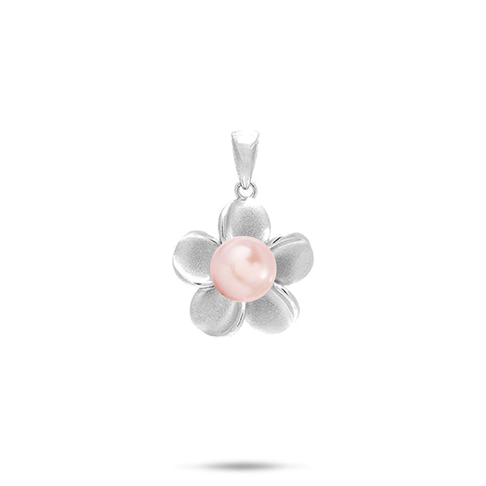 15mm Pick A Pearl Plumeria Pendant in Sterling Silver and a Pink Pearl on a white background