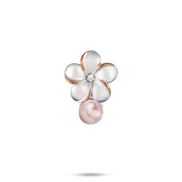 15mm Pick A Pearl Plumeria Pendant in Sterling Silver and Rose Gold with a Cubic Zirconia and Lavender Pearl on a white background